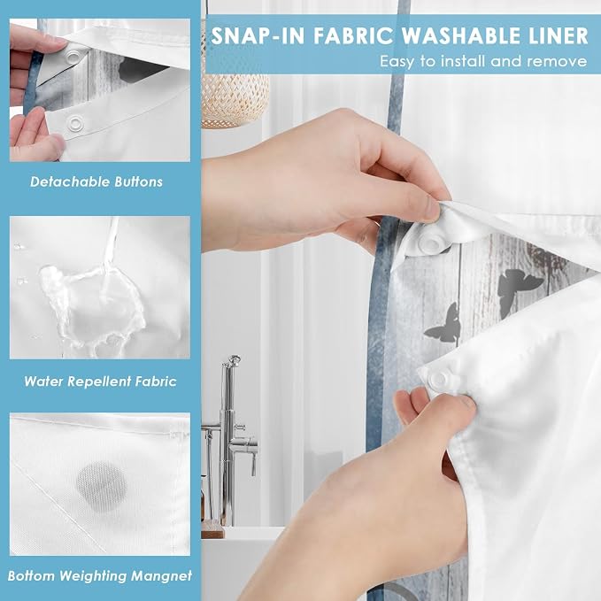 No Hook Blue Flower Shower Curtain - Image 3