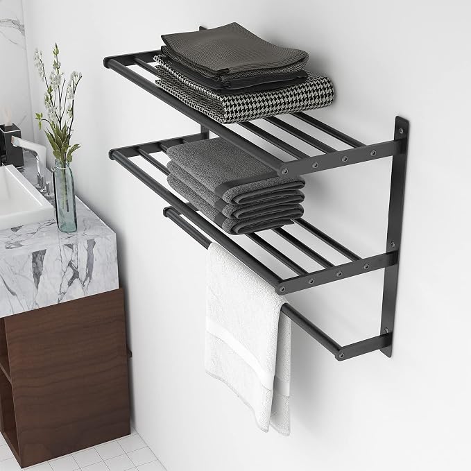 Hotel Towel Rack with 3-Tier Shelf, 24 Inch Wall Mounted Bathroom Bar, Matte - Image 7