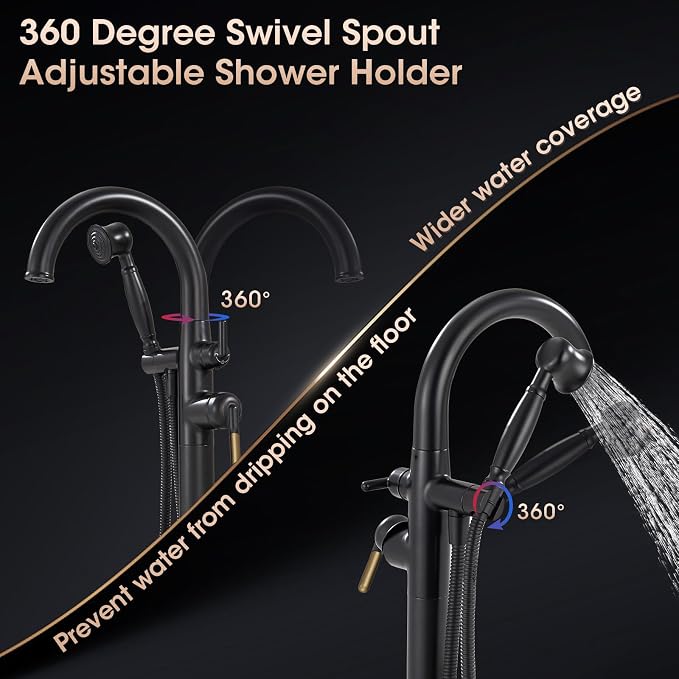 Freestanding Bathtub Faucet Black & Rose Gold Tub Filler High Flow - Image 4