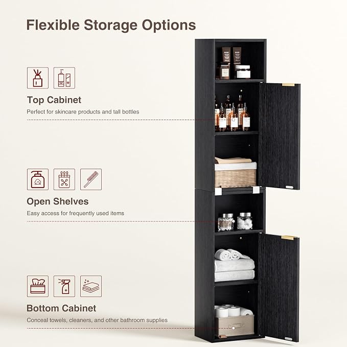 59.1" Tall Slim Bathroom Storage Cabinet Black | Freestanding or Wall Mounted - Image 5