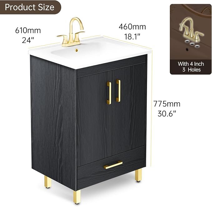 phiestina Fully Pre-Assembled Black 24 inch Bathroom Vanity, 2 Soft Close Doors - Image 3