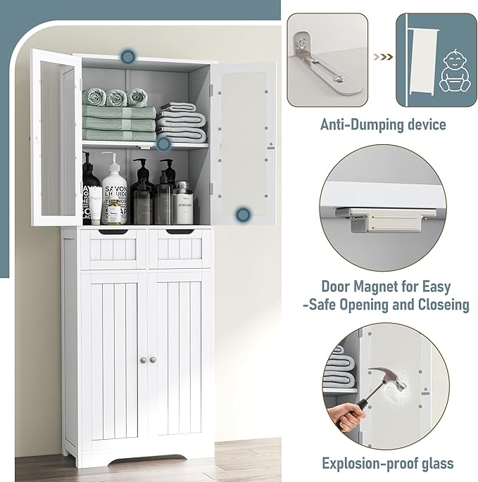 67" Tall White Bathroom Cabinet Storage Cabinet, Freestanding Storage Cabinet - Image 4