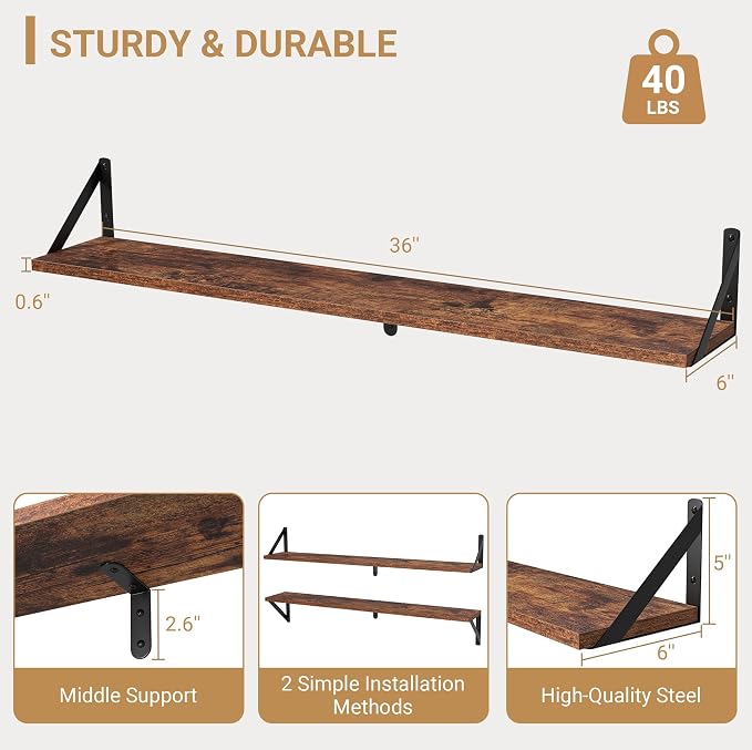 Heimlove Floating Shelves for Wall, 36 Inch Long Wood Floating Bookshelf Set of - Image 3