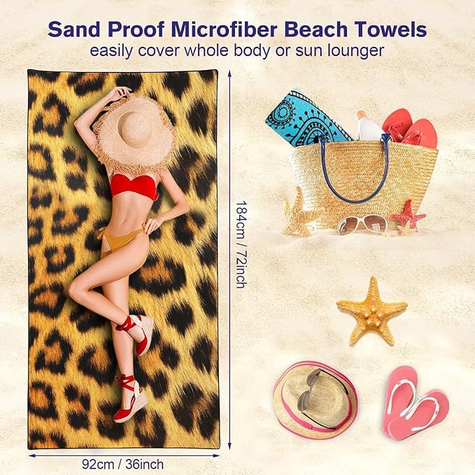 Leopard Print Yellow Black Beach Towel 36"x72" Quick-Dry Sand-Free Lightweight - Image 3