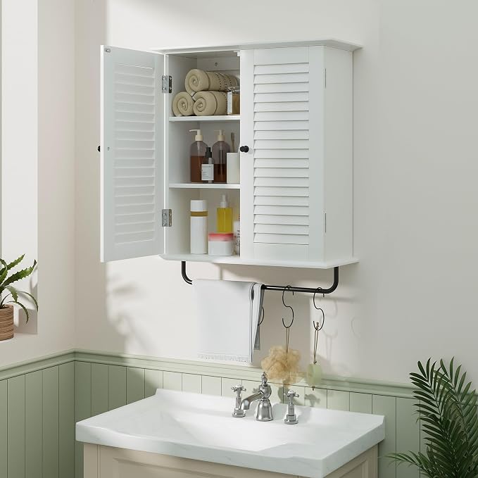 White Wall Mounted Cabinet, Over the Toilet Storage Cabinet, Wooden Wall Cabinet - Image 2