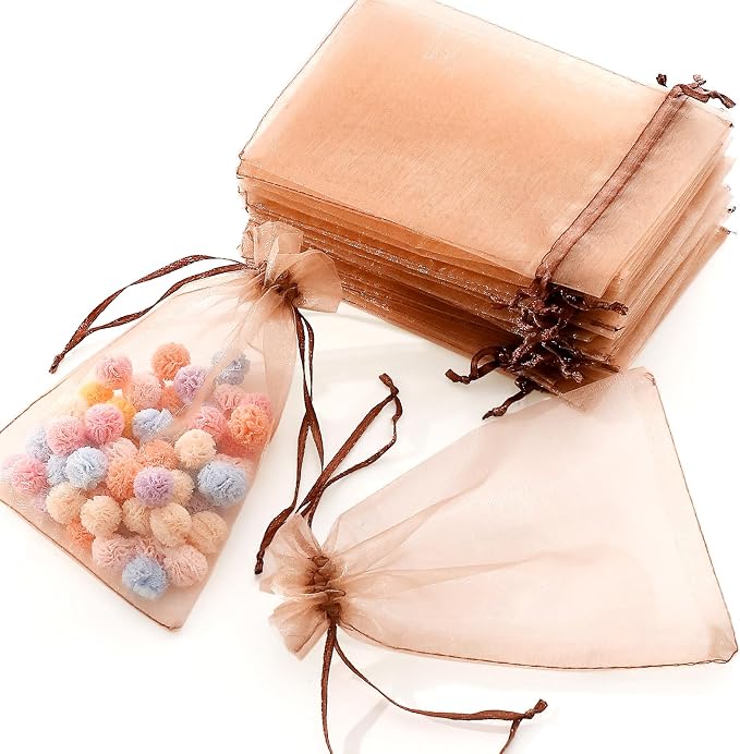 Hopttreely 100pcs Organza Bags, Light Brown 4''x4.72'' Satin Drawstring Organza by Hopttreely