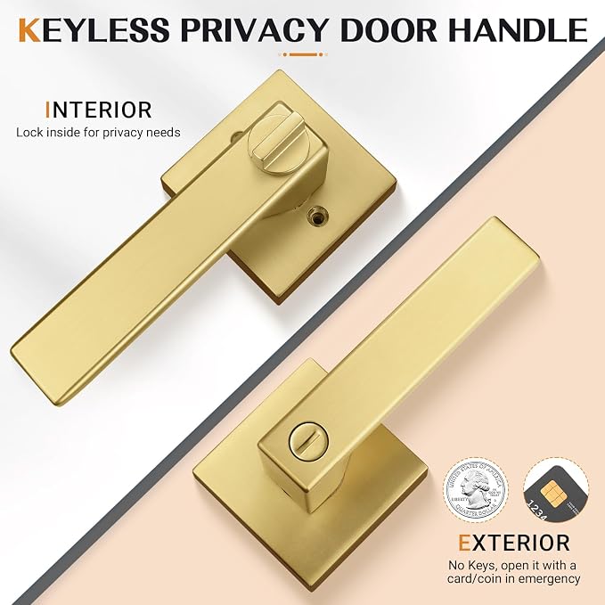 Probrico Heavy Duty Flat Gold Door Handles Square Privacy Interior Door Levers - Image 2