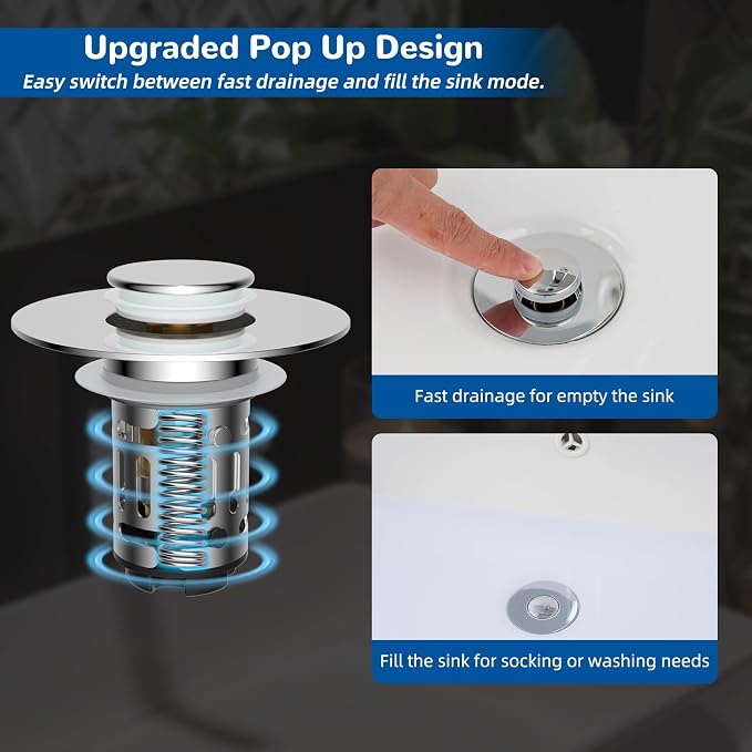 Hibbent Upgraded 3 in 1 Bathroom Sink Drain Strainer, Universal Pop Up Stopper - Image 6