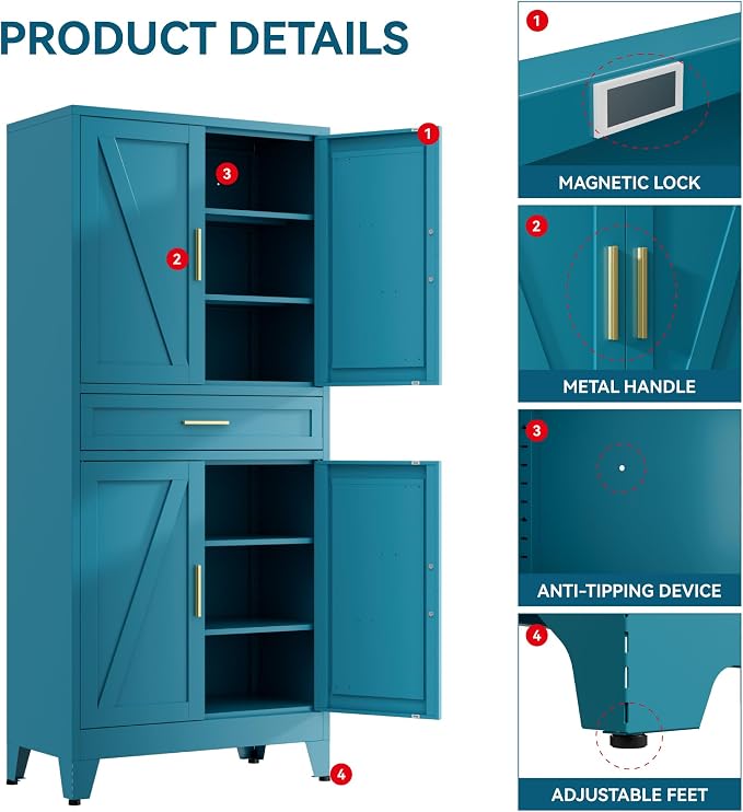 71" Tall Farmhouse Pantry Cabinet, Metal Cabinets - Image 6