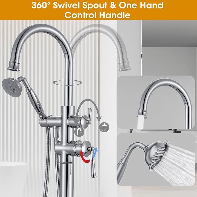 Freestanding Tub Faucet, Floor Mount Tub Faucet Polished Chrome High Flow Tub - Image 2