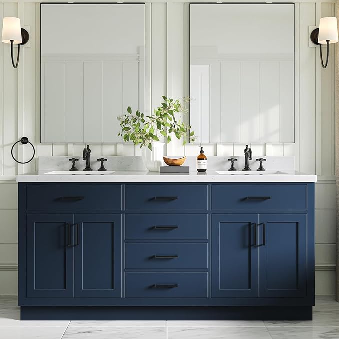 ARIEL Hepburn 72" Midnight Blue Double Vanity, 1.5" Edge Carrara Quartz by Ariel