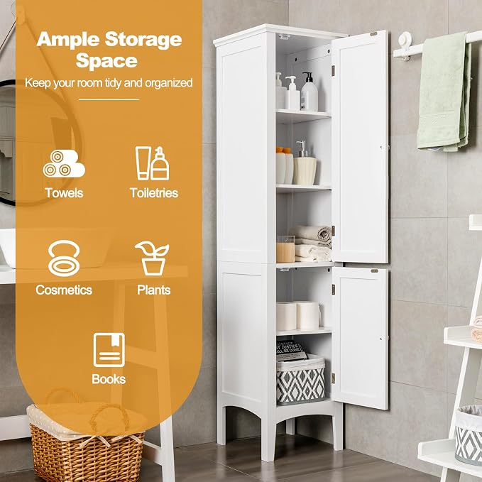 COSTWAY Tall Bathroom Storage Cabinet, 5-Tier Freestanding Linen Tower Cabinet - Image 5