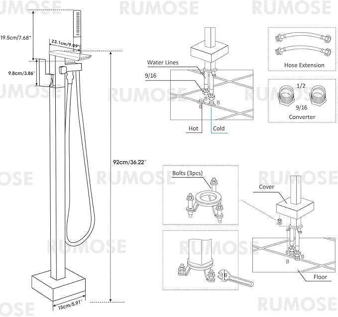 RUMOSE Oil Rubbed Bronze Bathtub Filler Freestanding Tub Filler Floor Mount Tub - Image 7