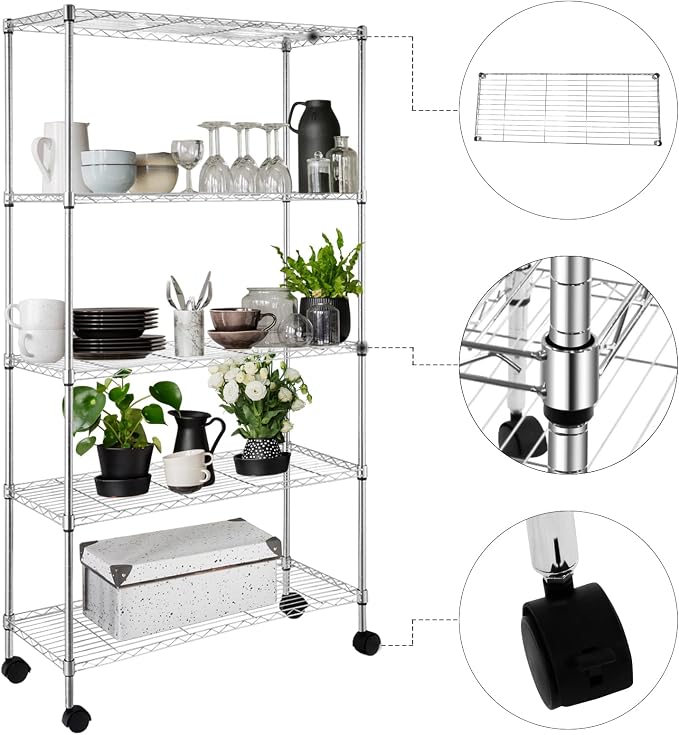 5 Tier Storage Racks Shelving, Heavy Steel Pantry Shelves, Adjustable Wire - Image 4