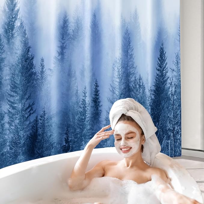 ORTIGIA Blue Shower Curtain for Bathroom, Misty Forest Nature Woodland Shower - Image 9