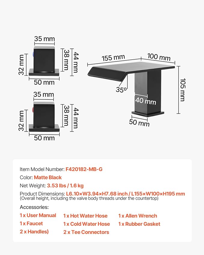 VEVOR Roman Tub Faucet, 3 Hole Waterfall Bathtub Faucet, Roman Bathtub Faucets - Image 7