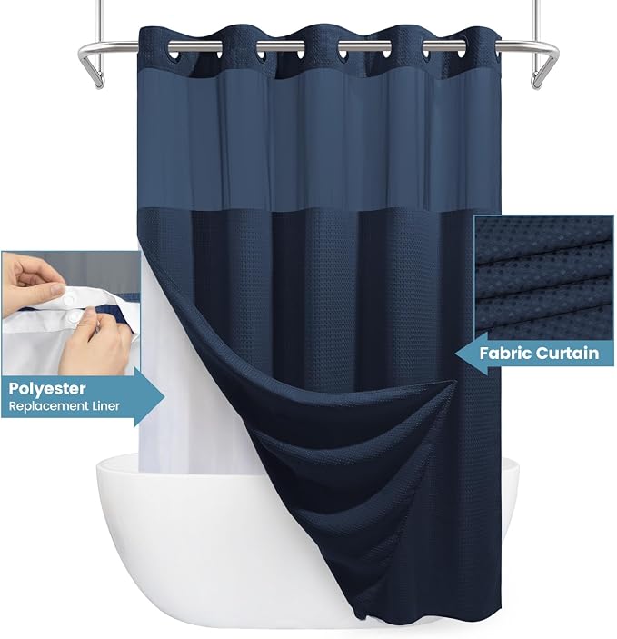 Navy Blue Long No Hook Shower Curtain - Image 4