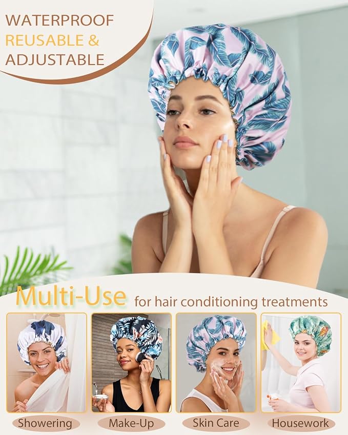 Large Shower Caps for Women Reusable Waterproof Satin Lined Shower Cap - Image 2