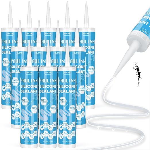 PAULINN 12 Packs Clear Silicone Sealant Waterproof 100% Silicone Caulk by PAULINN