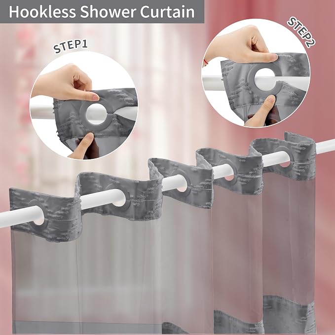 Hookless Shower Curtain with Snap in Liner 71" x 74" Double-Layer Waterproof - Image 2