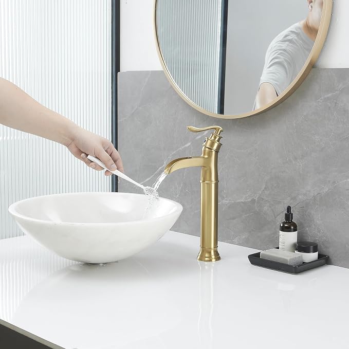 BWE Waterfall Vessel Sink Faucet Brushed Gold Single Handle Tall Single Hole - Image 9