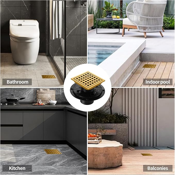 Shower Drain, Brushed Gold 4 inch Shower Floor Square Drain - Image 8