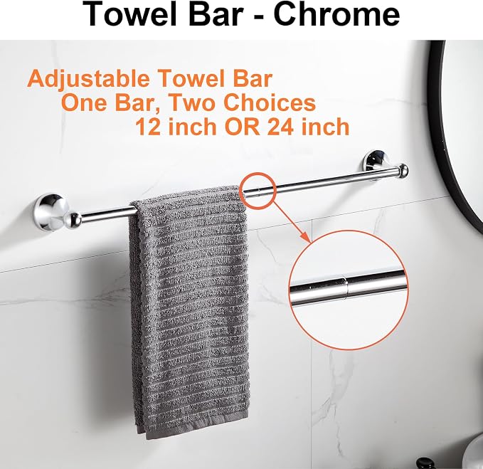 BGL Bathroom Hardware Set, Chrome Adjustable Expandable Towel Bar 4-Piece - Image 2