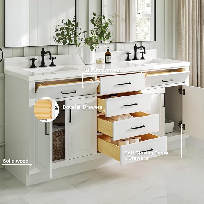 ARIEL 73" White Double Vanity, 1.5" Edge Pure White Quartz Countertop & Splash - Image 4