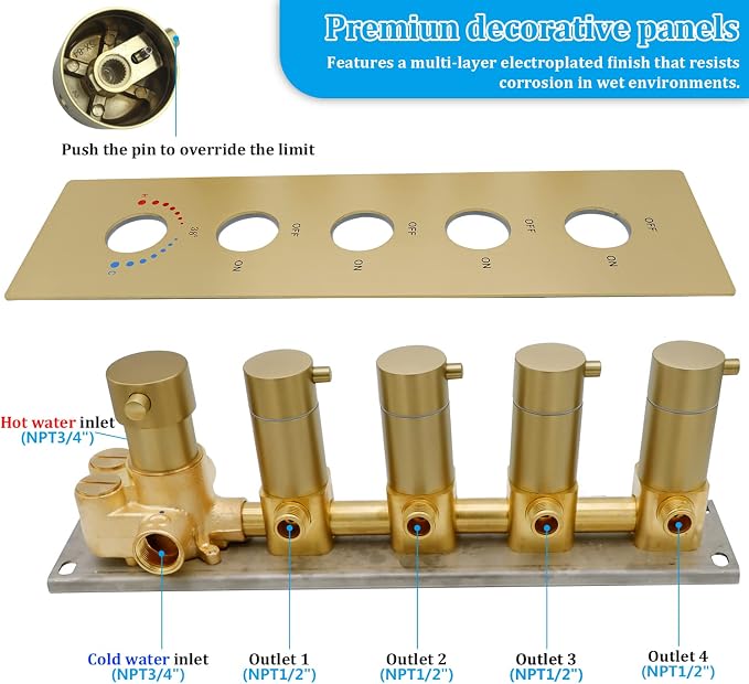 HOMEDEC 4 Way Shower Valve Rough-In and Trim Kit, 5 Handle Control Thermostatic - Image 4