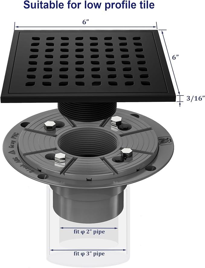 Neodrain Square Shower Drain, 6 inch Black Stainless Steel 304 Grate and PVC - Image 6