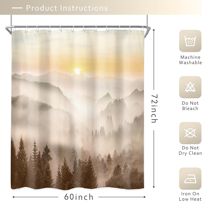 Riyidecor Misty Mountain Shower Curtain 60Wx72H Inch Brown Sunrise Nature - Image 5