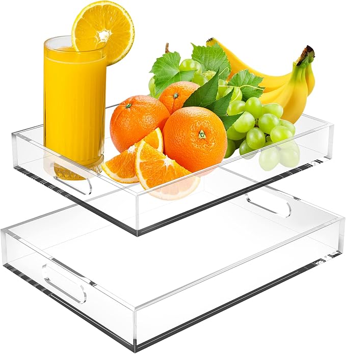Acrylic Serving Tray Set of 2-16x12 & 15.4x11.9 Inch Clear Luxury Trays by HEAPANY