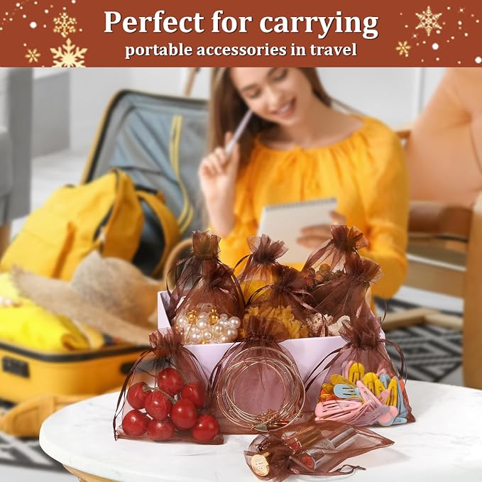 Hopttreely 100PCS Sheer Organza Bags, 4x4.72 Brown Satin Drawstring Organza - Image 5
