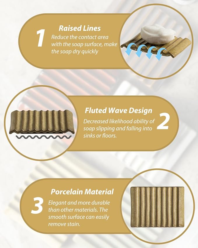 Soap Dish for Countertop with Self Drain, Ceramic Bar Soap Holder for Sink - Image 2