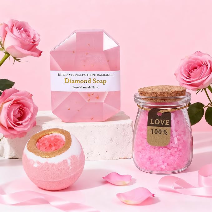 Christmas Spa Gift Basket with Bath Essentials- Pink Rose Relaxation Kit Set - Image 5