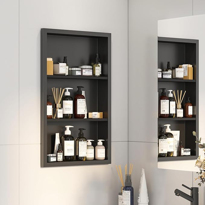 Bathroom Medicine Cabinet Recessed, 14x24 Black Shower Niche by Mepplzian