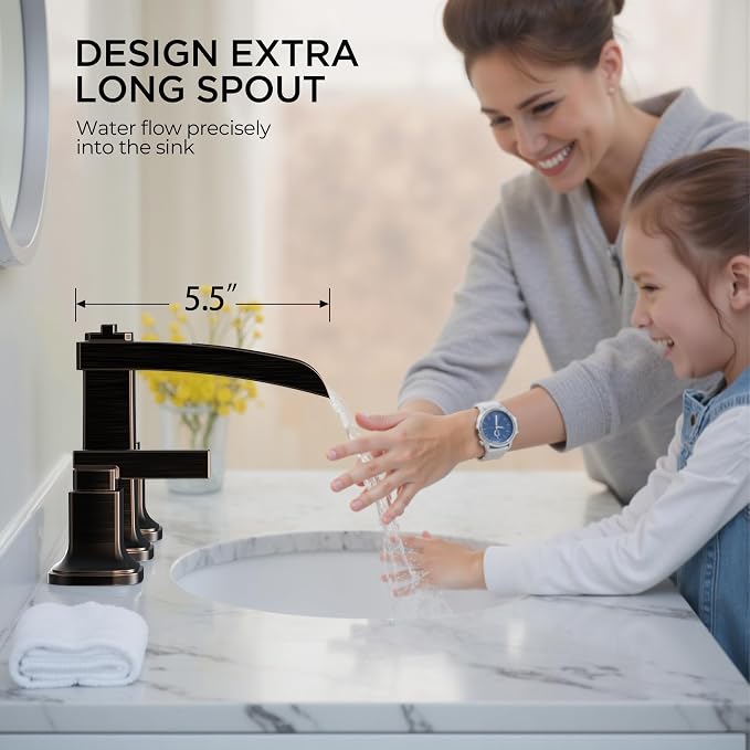 FORIOUS Brass Bathroom Faucets 3 Hole, Modern Waterfall Widespread 8 Inch Oil - Image 7