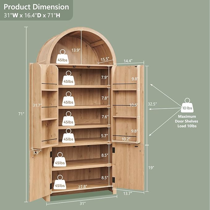 71" Tall Arched Bathroom Storage Cabinet, Modern Fluted Storage Cabinet w/Doors - Image 2