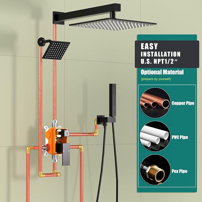 ENGA Shower Faucet Set, Dual Head Shower System 10" & 6" Square Rain Shower - Image 7