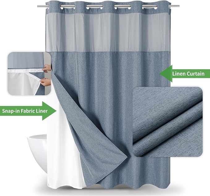 Long No Hooks Needed Linen Textured Shower Curtain - Image 2