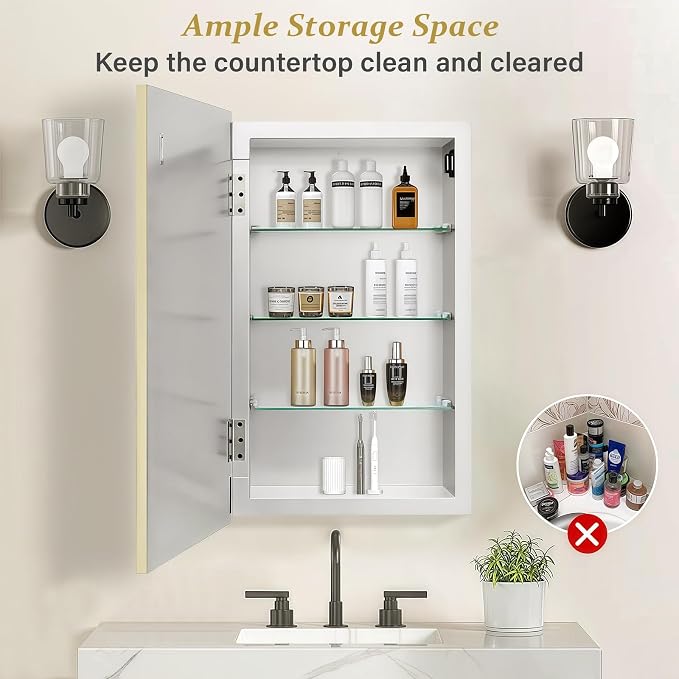 Medicine Cabinet with 16.2"x26" Mirror, Removable Shelves, Recessed or Wall - Image 4
