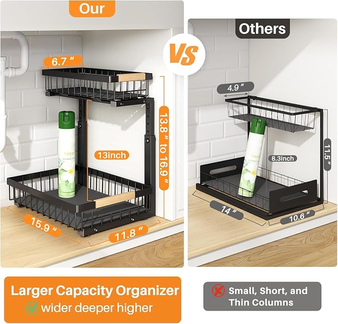 PXRACK 1 Pack Under Sink Organizer, Adjustable Height, 2 Tier Pull Out Under - Image 2