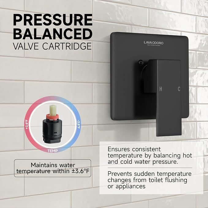 Lava Odoro 12-inch Modern Square Shower Faucet Set Matte Black, Shower Trim Kit - Image 8