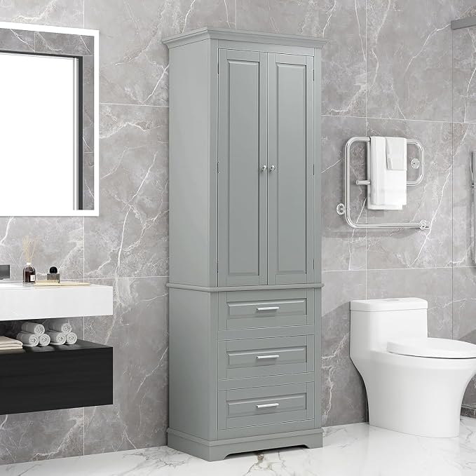 Tall Storage Cabinet with Doors, and Adjustable Shelves, Wood Narrow Storage - Image 3