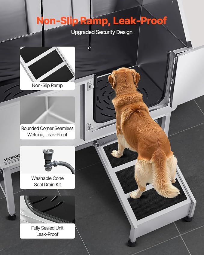 VEVOR Stainless Steel Dog Washing Station, 50 inch Pet Grooming Tub w/Ramp - Image 3