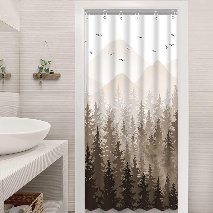 Aipon Brown Misty Forest Shower Curtain Ombre Nature Tree Plants Shower - Image 4