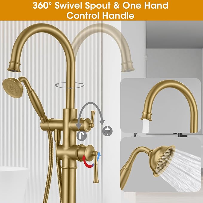 Freestanding Bathtub Faucet, Floor Mount Tub Faucet Brushed Gold High Flow Tub - Image 2