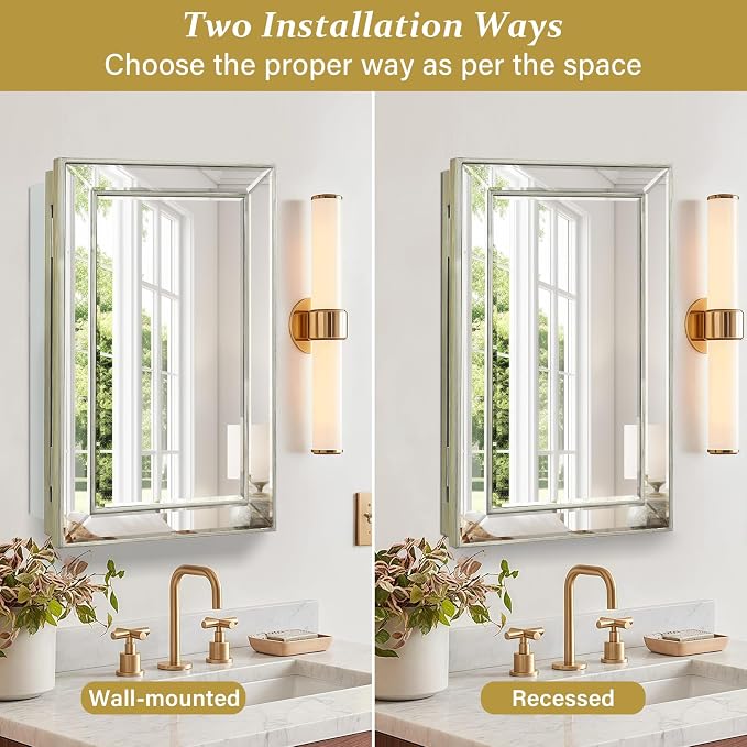 Medicine Cabinet with 16.2"x26" Mirror, Removable Shelves, Recessed or Wall - Image 7