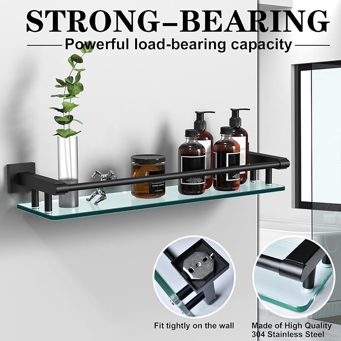 Bathroom Glass Shelf 20IN Rectangular Stainless Steel Tempered Glass Shelves - Image 3