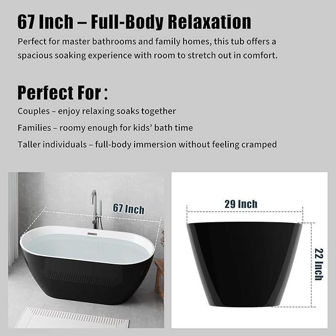 67 Inch Acrylic Freestanding Bathtub, Acrylic Soaking Bathtub - Image 4